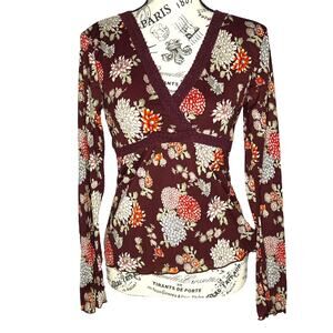 Old Navy MEDIUM Maroon Floral Empire Waist V-Neck Bust Detail Blouse Top